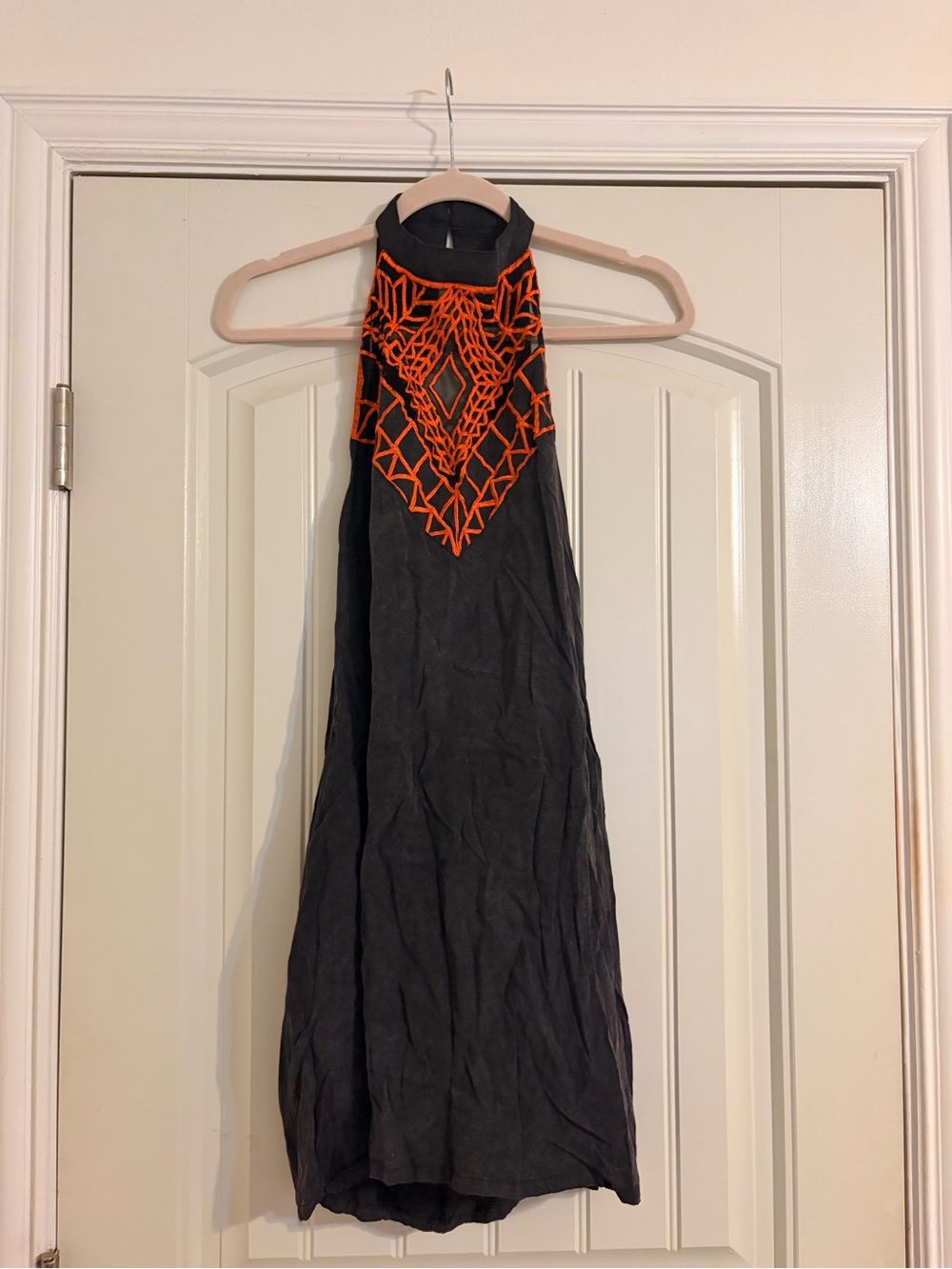 Free People Black Halter Dress with Orange Embroidered Yoke
